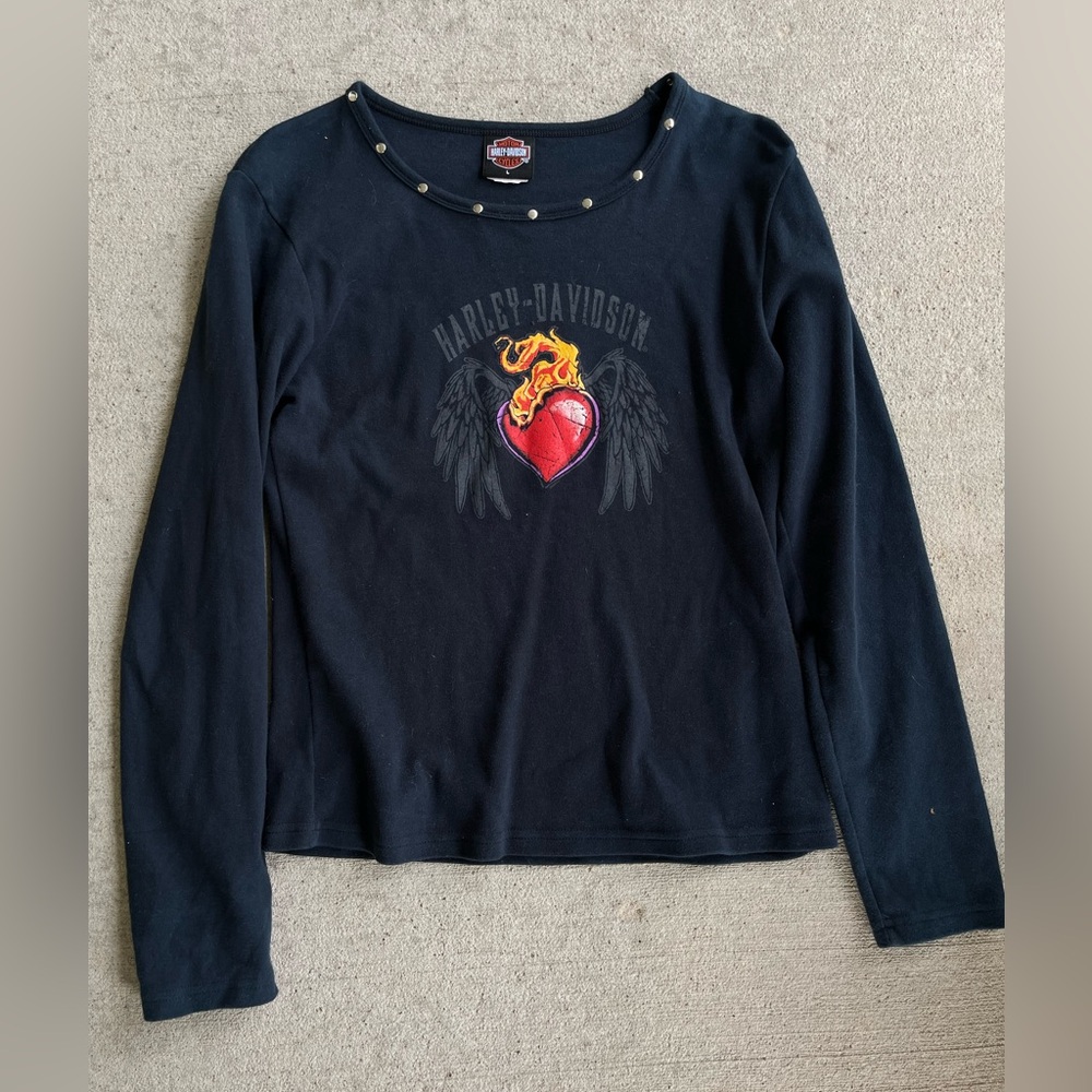 Vintage 90s Harley Davidson studded heart long sleeve top shirt